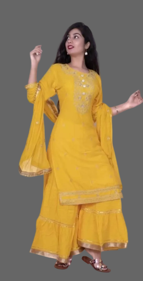 Embroidery straigh Kurta with sharara and Duptta in yellow. This yellow embroidery straight kurta with sharara and Duptta is a must-have for any fashion-conscious individual. With its intricate embroidery and flattering silhouette, it adds a touch of elegance to any outfit. The matching sharara and Duptta complete the look, making it a versatile and stylish addition to your wardrobe.