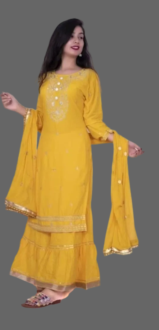 Embroidery straigh Kurta with sharara and Duptta in yellow. This yellow embroidery straight kurta with sharara and Duptta is a must-have for any fashion-conscious individual. With its intricate embroidery and flattering silhouette, it adds a touch of elegance to any outfit. The matching sharara and Duptta complete the look, making it a versatile and stylish addition to your wardrobe.