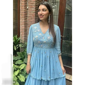 Classic Pastel Blue Embroidered Kurta Sharara Set for women