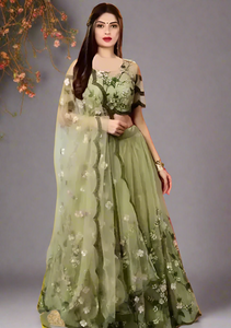 Stylish Green Net Embroidered Lehenga Choli Set For Women