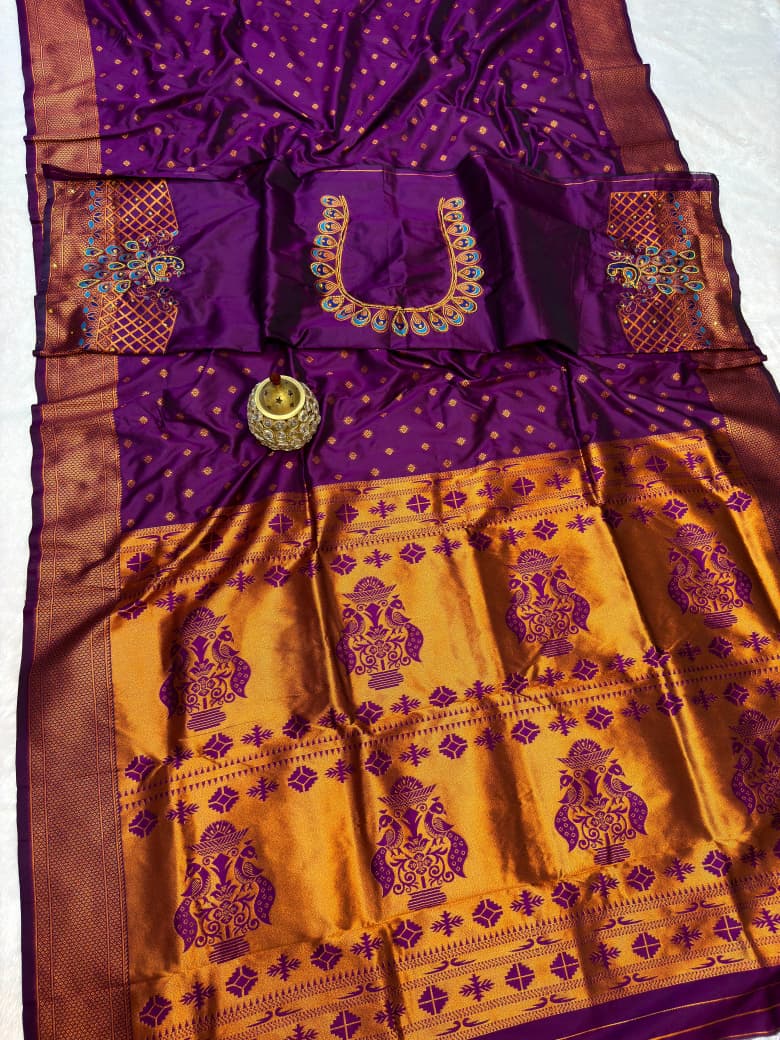 Shop New Sonali Kalanjali Paithani Saree in premium soft silk with rich buttis, peacock Maharani pallu and Aariwork Swarovski blouse. Perfect for festivals and weddings.