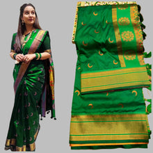 Load image into Gallery viewer, Chandrakor Kadiyal Paithani Kadiyal Paithani all over Buttis with runing Blouse

Colors: Royal Blue, Blue, Darkpurple, Green , pink ,, Yellow, puple-Pink shade
Size: Free Size
Style:Chandrakor Kadiyal Paithani

Work:All Over Buttis

Blouse: Self Blouse

Fabrics:Premium Soft Shiny Silk


Experience the artistry of traditional Indian weaving with our Chandrakor Kadiyal Paithani saree. Adorned with beautifully woven Kadiyal Paithani buttis all over, this saree is a true reflection of craftsmanship. Comes with 