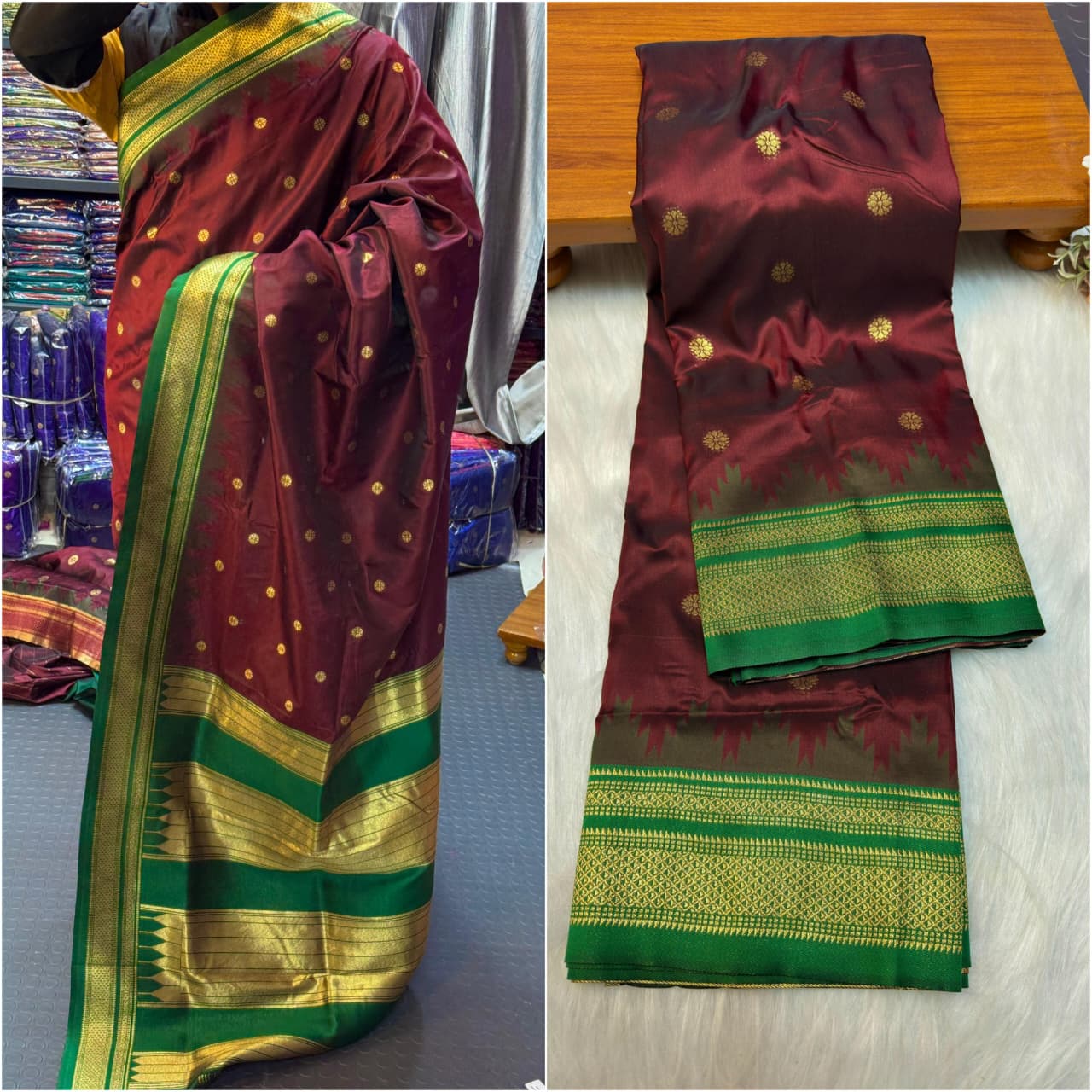 Shop premium Traditional Erkal Paithani Saree in pure silk with intricate buttis, rich Erkal pallu & contrast blouse. Perfect for weddings & festive wear.