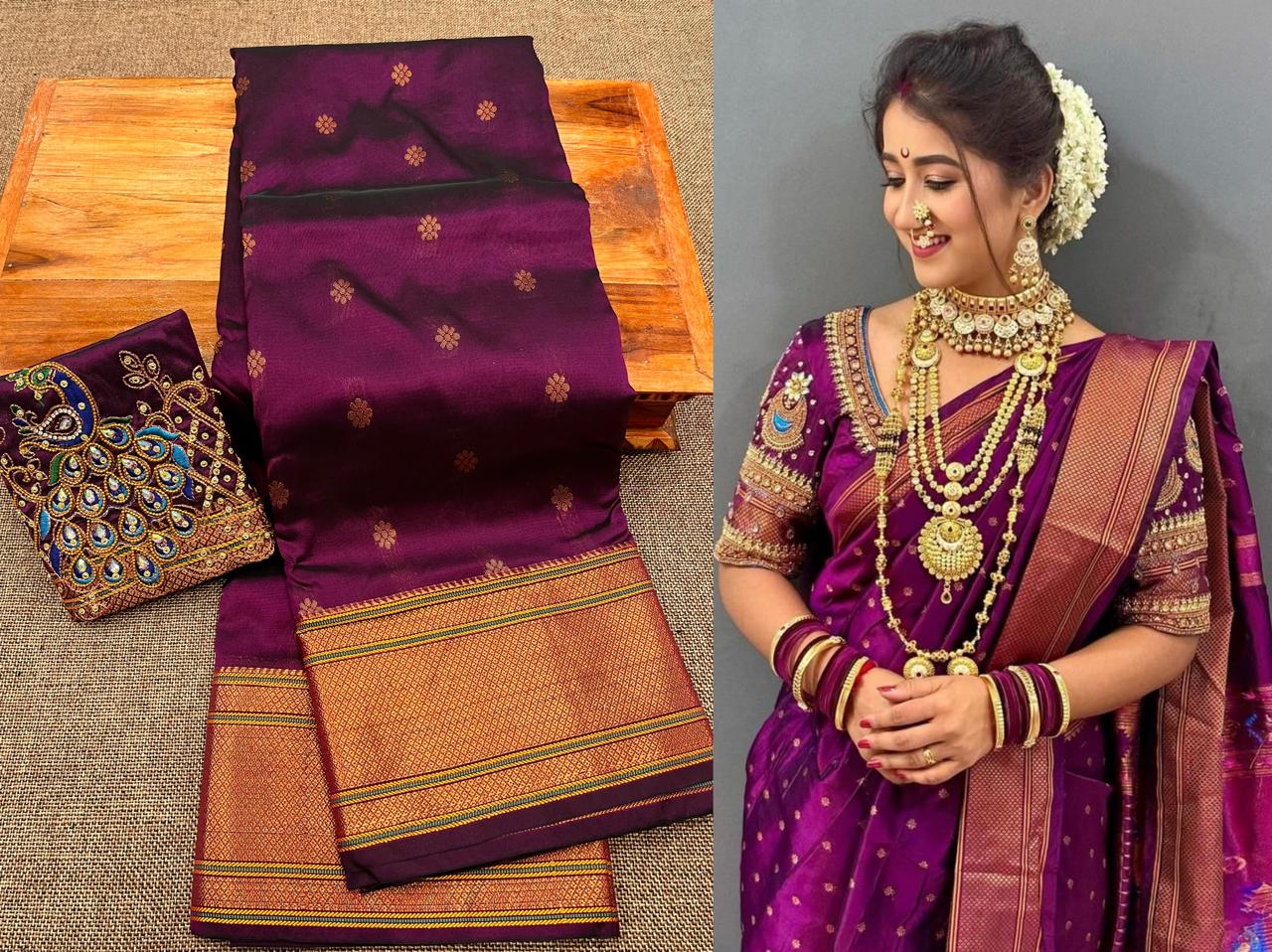 Grace your special occasions with this Traditional Border Kalanjali Paithani Saree, made from soft Tana silk and adorned with all-over buttis, a rich traditional border, and an elegant Aari Work Blouse Piece. Perfect blend of heritage and style for weddings and festive wear.