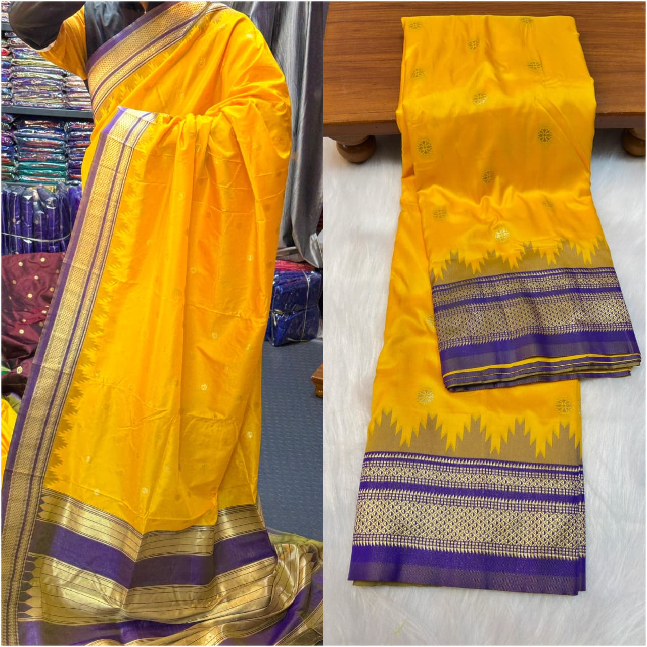 Shop premium Traditional Erkal Paithani Saree in pure silk with intricate buttis, rich Erkal pallu & contrast blouse. Perfect for weddings & festive wear.