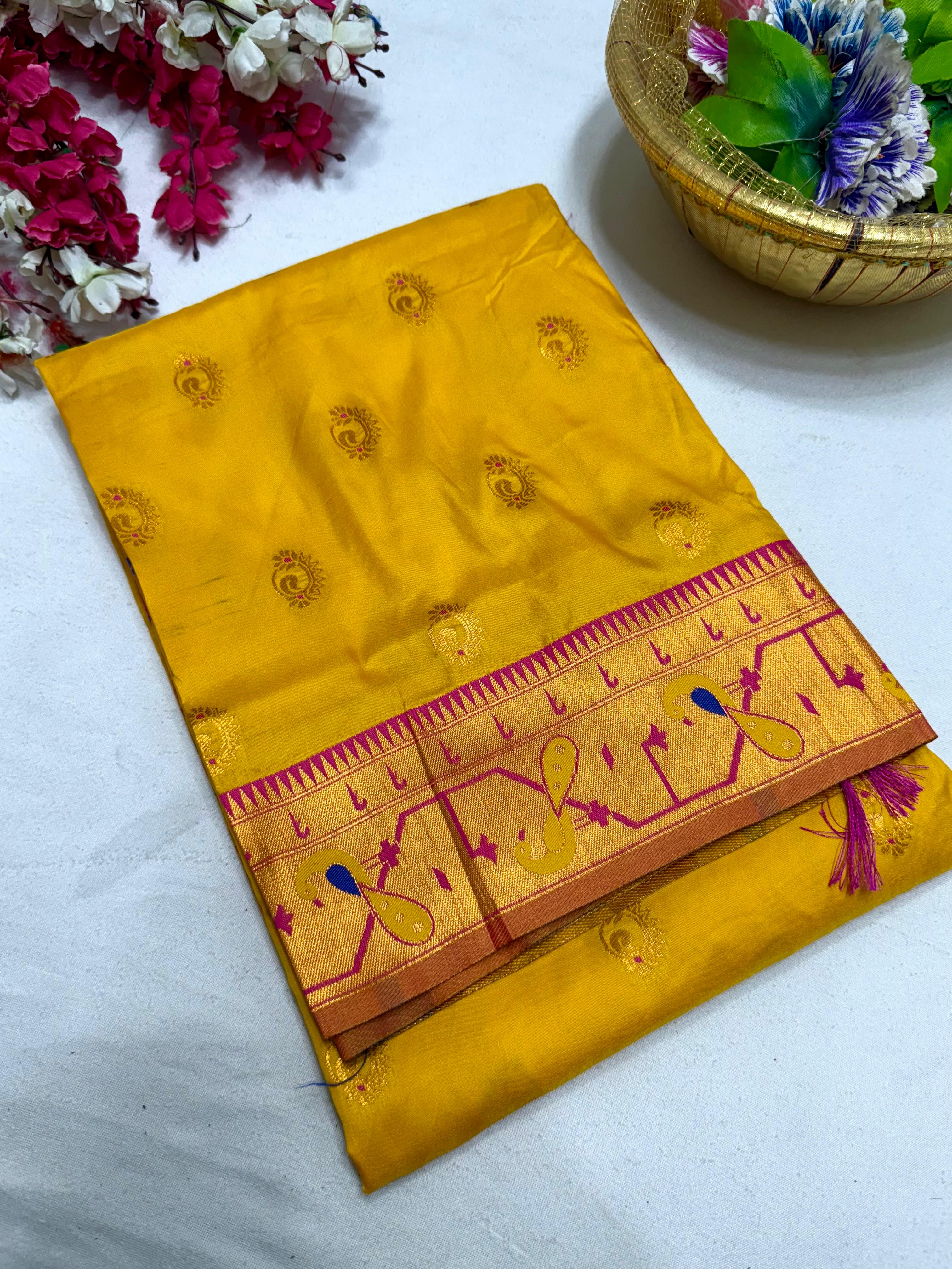 Premium Silk Brocade Paithani Saree All Over Buttis of Mor, Popat & Nthani | Meenakari Pallue and Brocade Blouse