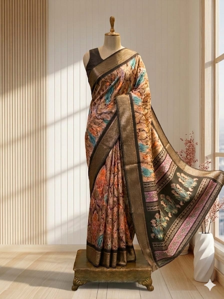 Buy Dola Fancy Self Border Saree in Soft Silk with Digital Border WorK. Shop 1st quality Dola fancy saree in soft silk with digital border work and blouse piece. Affordable ethnic wear at best price.