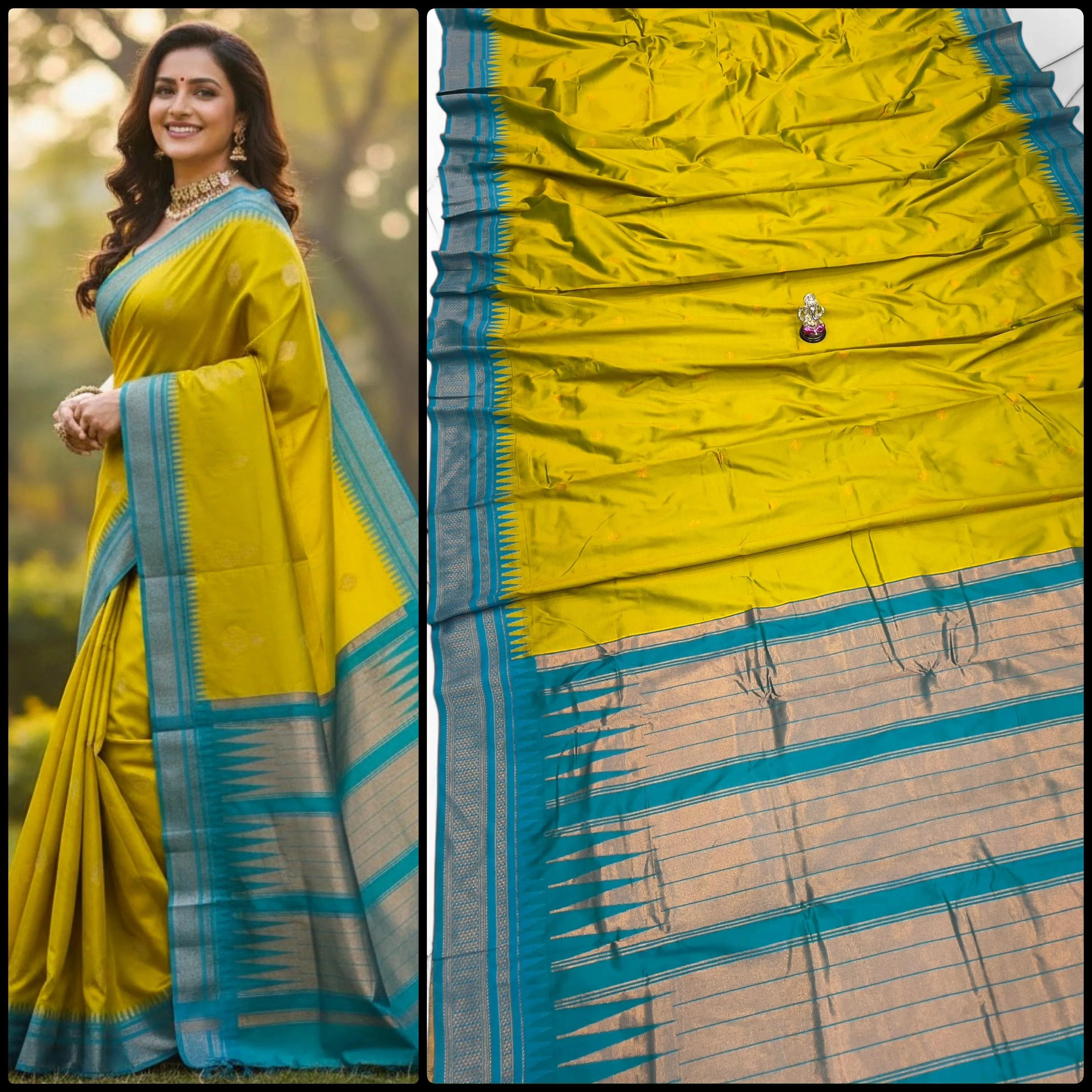 Buy Half Silk Irkal Paithani Saree online with premium Katan silk feel, all-over zari butti design, and contrast zari blouse. Perfect for weddings, festive wear, and traditional occasions at the best price.
