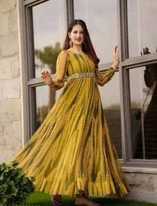 Dyed Stitched Rayon Printed Long Gown for women in yellow Indo-Western