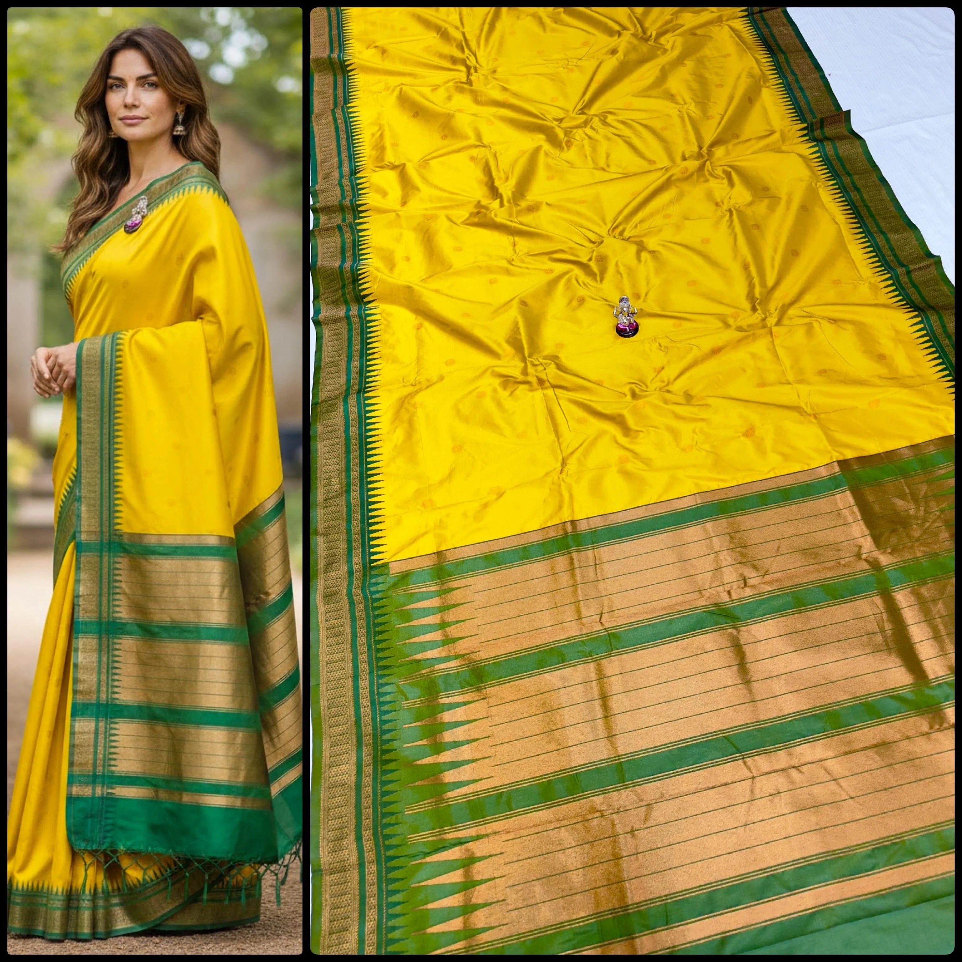 Buy Half Silk Irkal Paithani Saree online with premium Katan silk feel, all-over zari butti design, and contrast zari blouse. Perfect for weddings, festive wear, and traditional occasions at the best price.