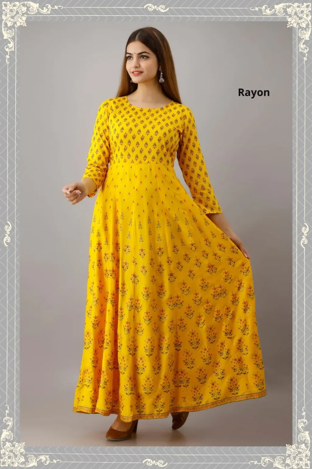 This Long Gown features a flared design and vibrant yellow color with a stunning printed design, perfect for any occasion. Made for women, this gown offers both style and comfort. With its flared silhouette and eye-catching print, this gown is sure to make a statement.