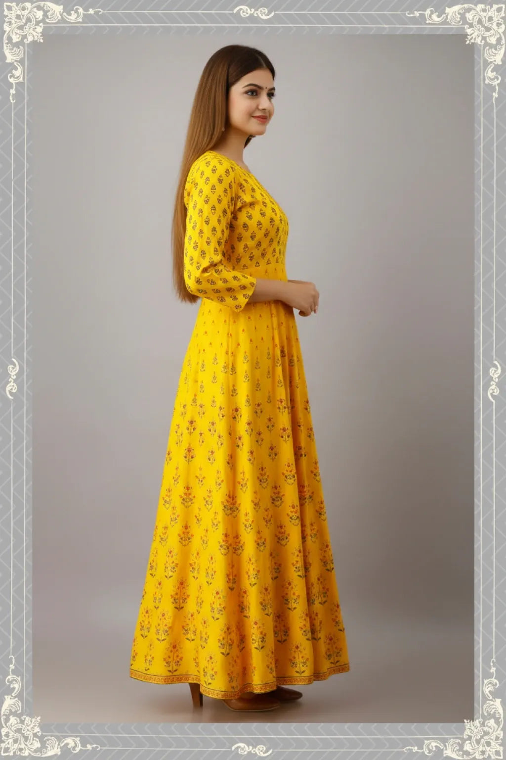 This Long Gown features a flared design and vibrant yellow color with a stunning printed design, perfect for any occasion. Made for women, this gown offers both style and comfort. With its flared silhouette and eye-catching print, this gown is sure to make a statement.