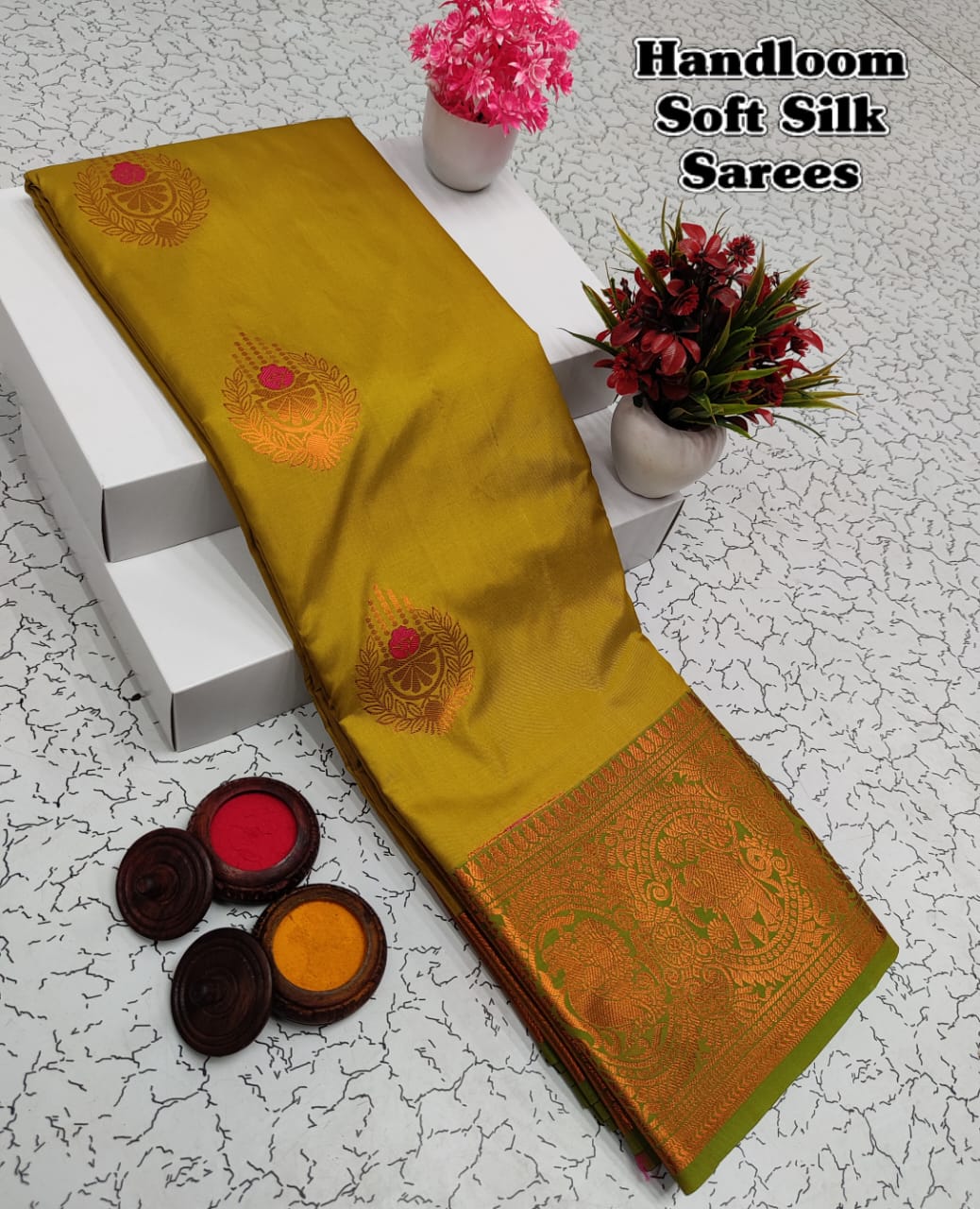 Shop premium Kanchipuram Handloom Soft Silk Saree with copper zari border, rich meena pallu & contrast blouse. Elegant saree for weddings & festivals.