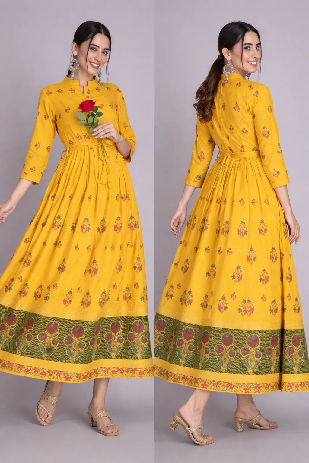 Discover the intricate design and superior quality of our Anarkali Dress-Long Gown kurti. Made from soft and durable Rayon, this dress features a pleted waist for a flattering fit