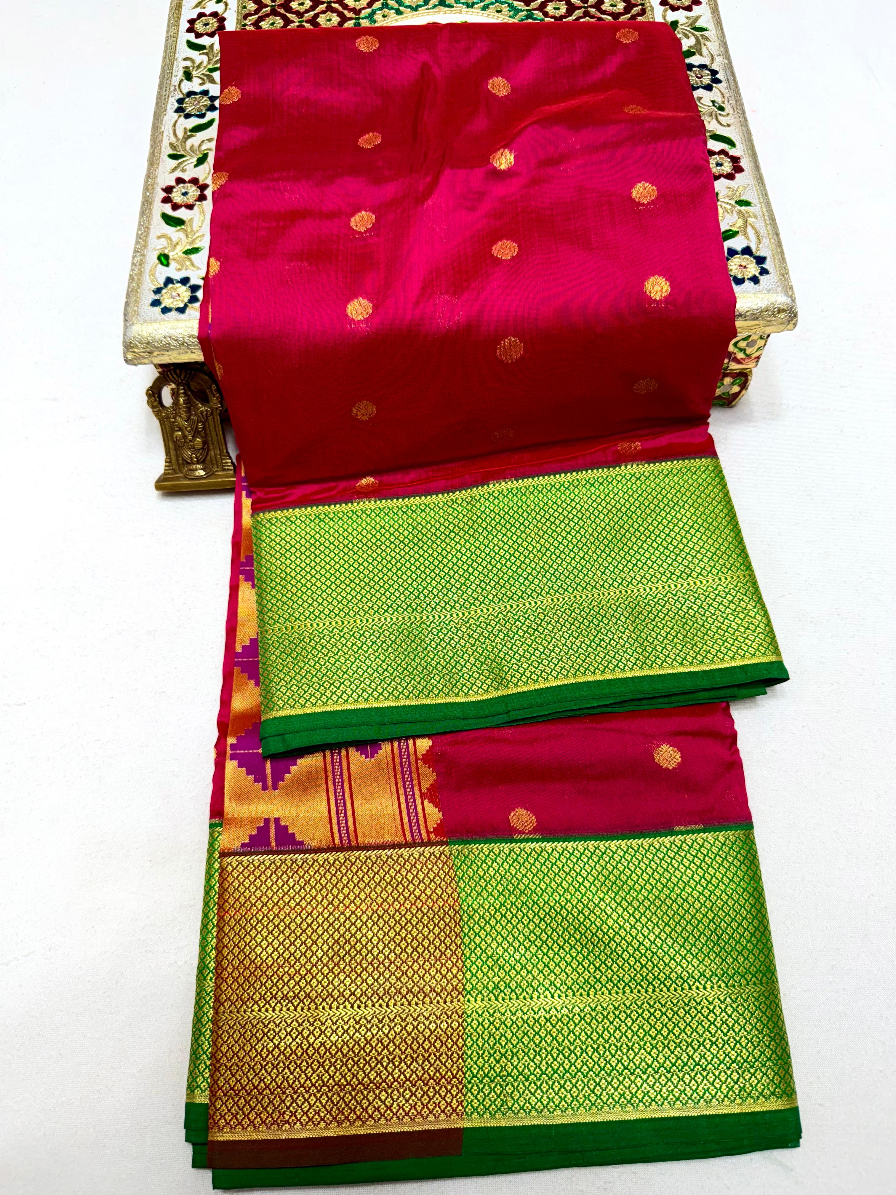 Step into timeless elegance with our Premium Copy of Pure Silk Yeola Kadiyal Paithani Saree, featuring exquisite 4x4 handmade Paithani Pallu and all-over intricate buttis that embody true artistry.