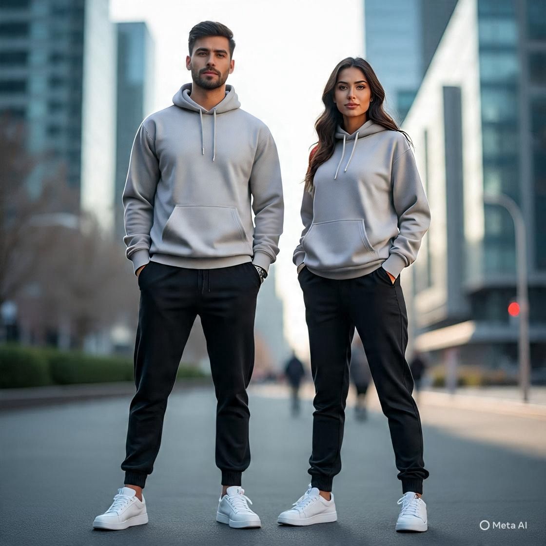 Two people wearing matching gray hoodies and black pants in an urban setting.