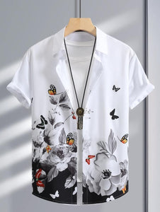 Half Sleeves White Floral Elegant Shirts for Men