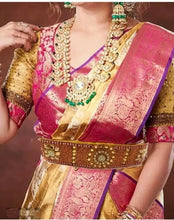 Load image into Gallery viewer, Digital CRAFT stretchable Cloth Vaddanam kamarbandhani, waist belt,belly chain.  This is a Traditional Belt called&nbsp;Kamarbandh, Waist Belt or&nbsp;Belly Chain wore on Saree or traditional Gown or Lehenga. Traditional look with embroidered&nbsp;Golden Belt ( Kmarbandh ) for wedding season. Jewellery Golden Zari Embroidery Wedding Saree Waist Belt, Belly Chain, Wide Hand Embroidery.