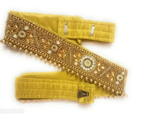 Load image into Gallery viewer, Digital CRAFT stretchable Cloth Vaddanam kamarbandhani, waist belt,belly chain.  This is a Traditional Belt called&nbsp;Kamarbandh, Waist Belt or&nbsp;Belly Chain wore on Saree or traditional Gown or Lehenga. Traditional look with embroidered&nbsp;Golden Belt ( Kmarbandh ) for wedding season. Jewellery Golden Zari Embroidery Wedding Saree Waist Belt, Belly Chain, Wide Hand Embroidery.