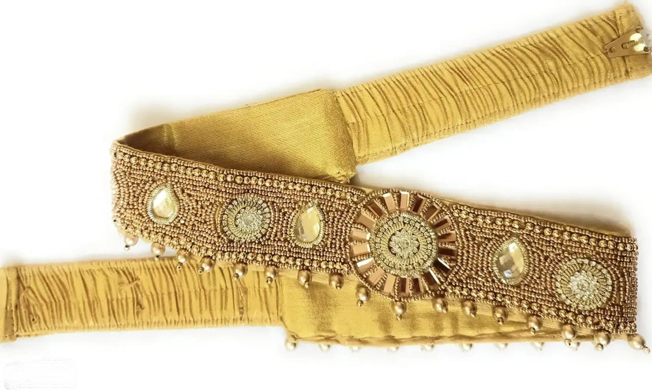 Digital CRAFT stretchable Cloth Vaddanam kamarbandhani, waist belt,belly chain.  This is a Traditional Belt called Kamarbandh, Waist Belt or Belly Chain wore on Saree or traditional Gown or Lehenga. Traditional look with embroidered Golden Belt ( Kmarbandh ) for wedding season. Jewellery Golden Zari Embroidery Wedding Saree Waist Belt, Belly Chain, Wide Hand Embroidery.