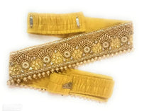 Load image into Gallery viewer, Digital CRAFT stretchable Cloth Vaddanam kamarbandhani, waist belt,belly chain.  This is a Traditional Belt called&nbsp;Kamarbandh, Waist Belt or&nbsp;Belly Chain wore on Saree or traditional Gown or Lehenga. Traditional look with embroidered&nbsp;Golden Belt ( Kmarbandh ) for wedding season. Jewellery Golden Zari Embroidery Wedding Saree Waist Belt, Belly Chain, Wide Hand Embroidery.