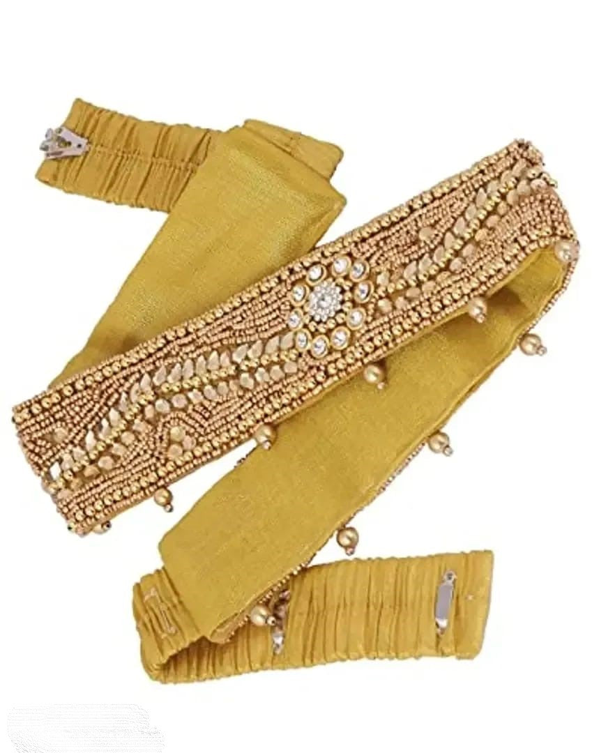 Vama's CRAFT stretchable Cloth Vaddanam kamarbandhani, waist belt,belly chain.  This is a Traditional Belt called Kamarbandh, Waist Belt or Belly Chain wore on Saree or traditional Gown or Lehenga. Traditional look with embroidered Golden Belt ( Kmarbandh ) for wedding season. Jewellery Golden Zari Embroidery Wedding Saree Waist Belt, Belly Chain, Wide Hand Embroidery.