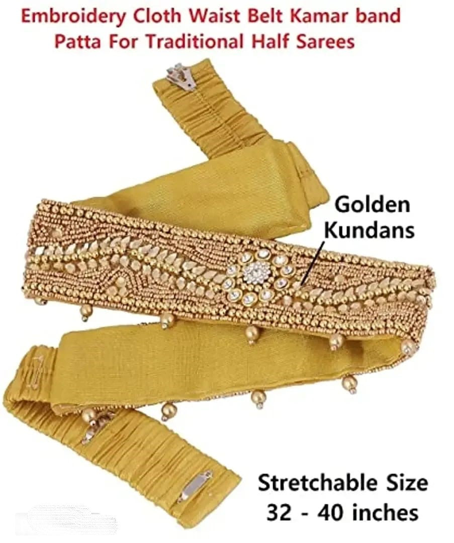 Vama's CRAFT stretchable Cloth Vaddanam kamarbandhani, waist belt,belly chain.  This is a Traditional Belt called Kamarbandh, Waist Belt or Belly Chain wore on Saree or traditional Gown or Lehenga. Traditional look with embroidered Golden Belt ( Kmarbandh ) for wedding season. Jewellery Golden Zari Embroidery Wedding Saree Waist Belt, Belly Chain, Wide Hand Embroidery.