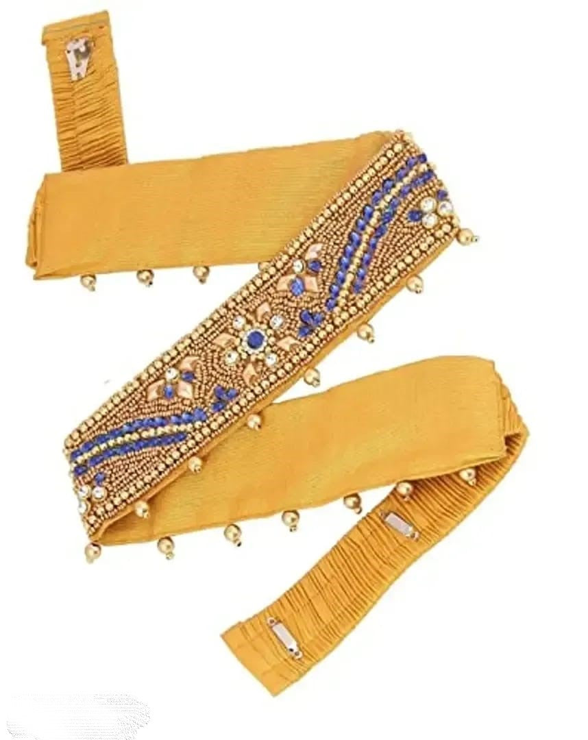 Vama's CRAFT stretchable Cloth Vaddanam kamarbandhani, waist belt,belly chain.  This is a Traditional Belt called Kamarbandh, Waist Belt or Belly Chain wore on Saree or traditional Gown or Lehenga. Traditional look with embroidered Golden Belt ( Kmarbandh ) for wedding season. Jewellery Golden Zari Embroidery Wedding Saree Waist Belt, Belly Chain, Wide Hand Embroidery.