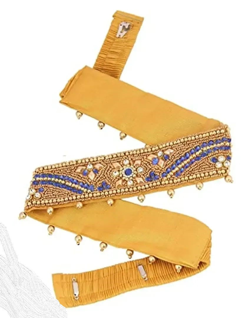 Vama's CRAFT stretchable Cloth Vaddanam kamarbandhani, waist belt,belly chain.  This is a Traditional Belt called Kamarbandh, Waist Belt or Belly Chain wore on Saree or traditional Gown or Lehenga. Traditional look with embroidered Golden Belt ( Kmarbandh ) for wedding season. Jewellery Golden Zari Embroidery Wedding Saree Waist Belt, Belly Chain, Wide Hand Embroidery.