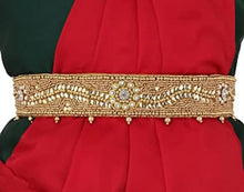 Load image into Gallery viewer, Vams&#39;s CRAFT stretchable Cloth Vaddanam kamarbandhani, waist belt,belly chain.  This is a Traditional Belt called&nbsp;Kamarbandh, Waist Belt or&nbsp;Belly Chain wore on Saree or traditional Gown or Lehenga. Traditional look with embroidered&nbsp;Golden Belt ( Kmarbandh ) for wedding season. Jewellery Golden Zari Embroidery Wedding Saree Waist Belt, Belly Chain, Wide Hand Embroidery.