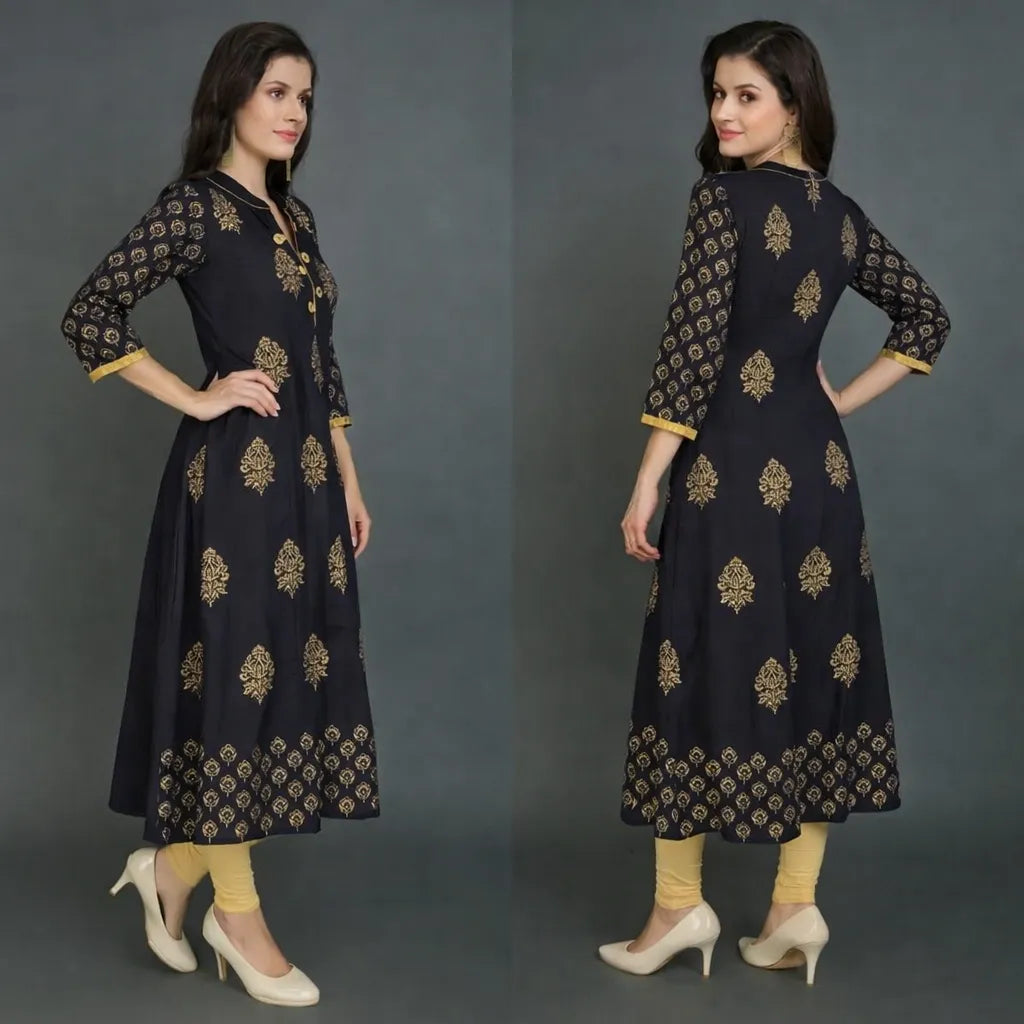 As a beautiful, yet versatile garment, the Gorgeous Rayon Gold Black Kurti is destined to impress. Made with high-quality rayon fabric, this kurti showcases a stunning gold and black design that can be dressed up or down for any occasion. With its comfortable and flattering fit, this kurti is sure to turn heads and make you feel confident and elegant.