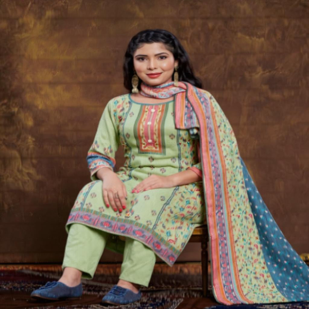 Elevate your wardrobe with the Branded SAFARI Kurti, Pant, and Dupatta set in a soothing Baby Green Elavate fabric. This coordinated ensemble offers a refined blend of comfort and style, perfect for both casual and semi-formal occasions. The lightweight material ensures breathability, while the elegant color enhances your natural grace. Ideal for those seeking a sophisticated yet effortless look.