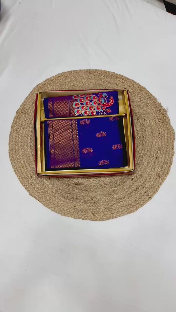 Most Trending-Demanding Color Nathani Kalanjali Paithani Silk Saree Hand Work Embroidery Blouse & Maharani Pallu