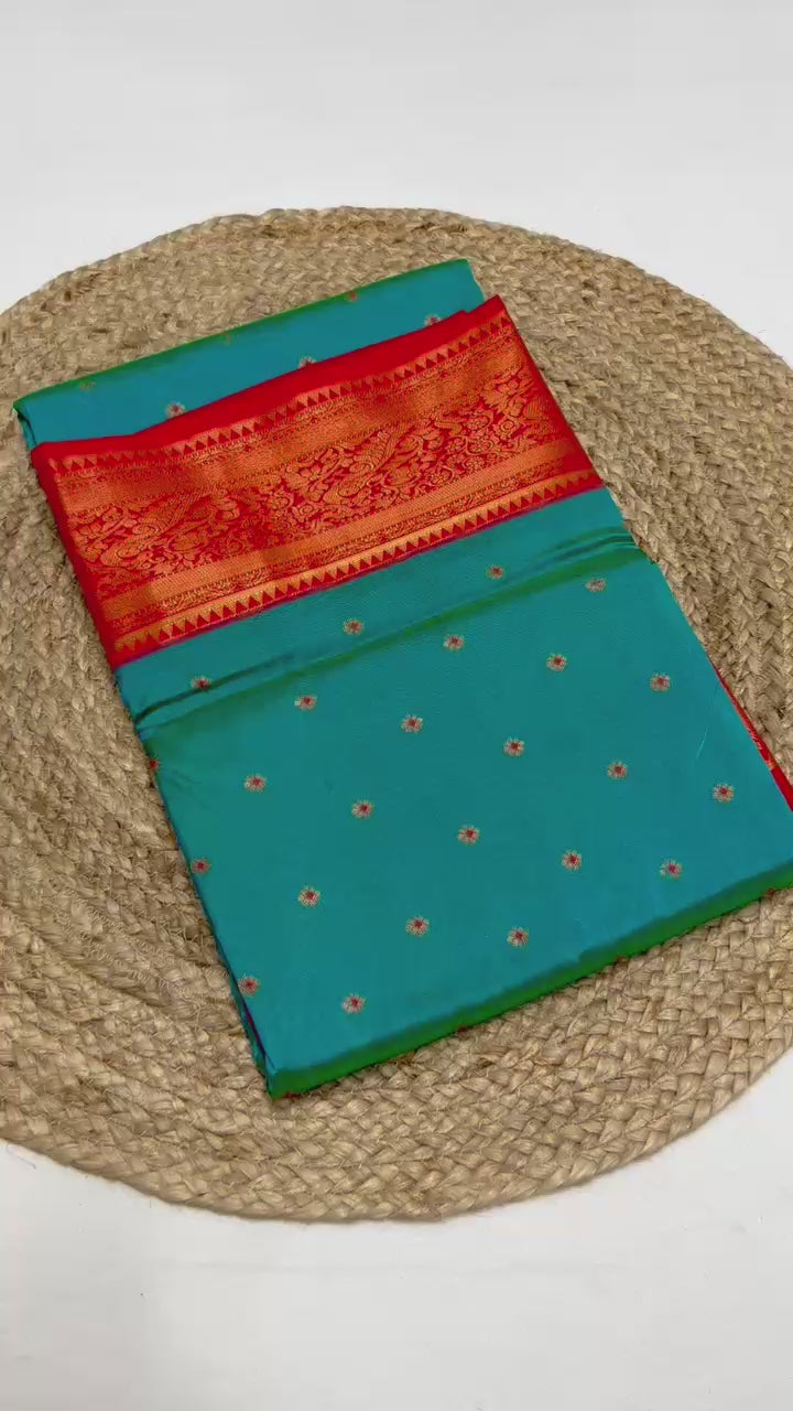 Make a grand statement this wedding season with our exclusive Dhanashree Kanjivaram Paithani Saree, crafted in rich silk with traditional detailing.