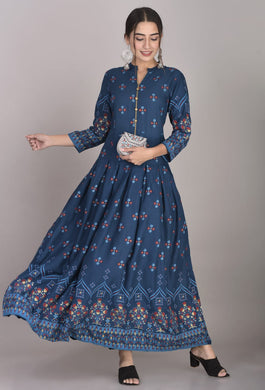 Anarkali Dress-Long Gown kurti in Rayon with Pleted waist and wooden Buttons