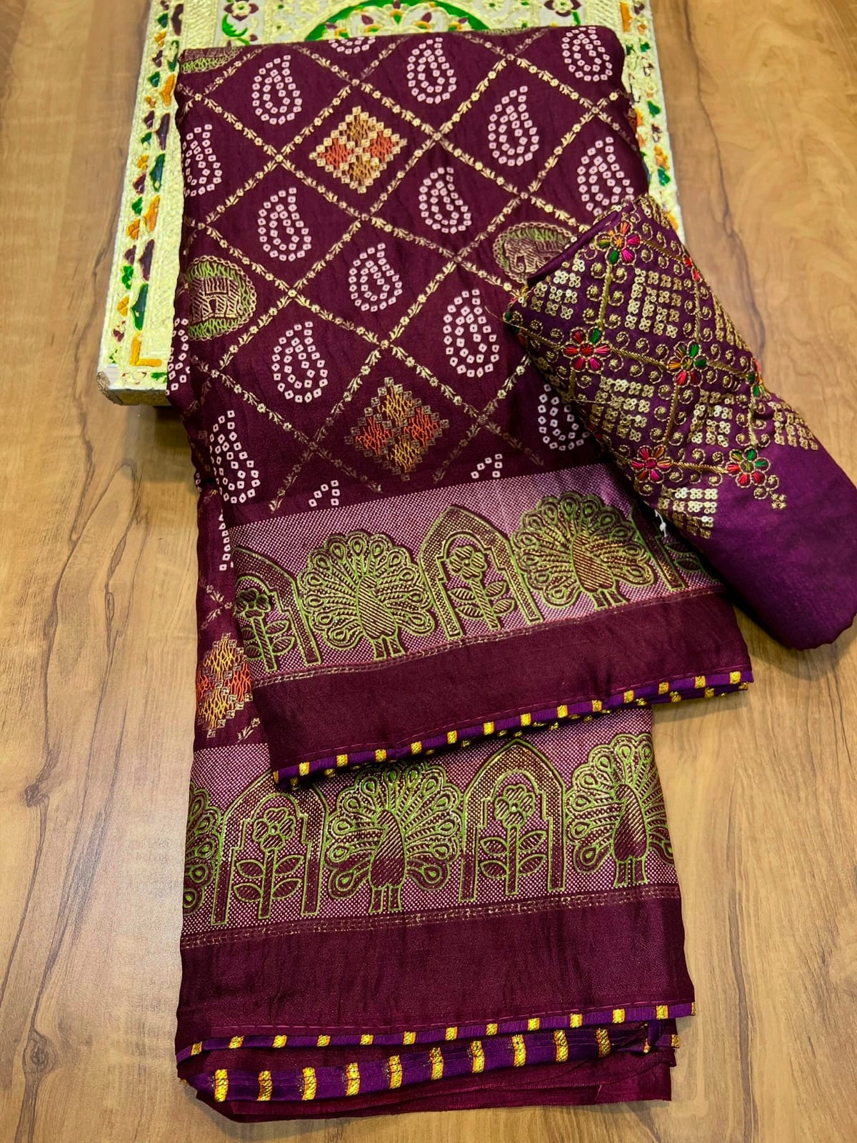 Dola Silk Printed Bandhej Saree with Stitched Border & Fancy Blouse