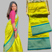 Load image into Gallery viewer, Traditional Kadiyal Paithani Saree,  Pallu Meena Butti with Contrast Running Blouse Yellow