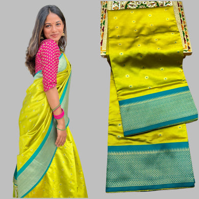 Traditional Kadiyal Paithani Saree,  Pallu Meena Butti with Contrast Running Blouse Yellow