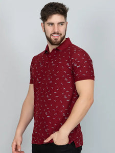 Ekom Men Regular Fit Polo Tshirt | Cotton Matty Polo Neck All Over Printed T-Shirt | Polo Tshirt for Men - Maroon