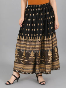 Elite Black Rayon Gold Print Skirt For Women