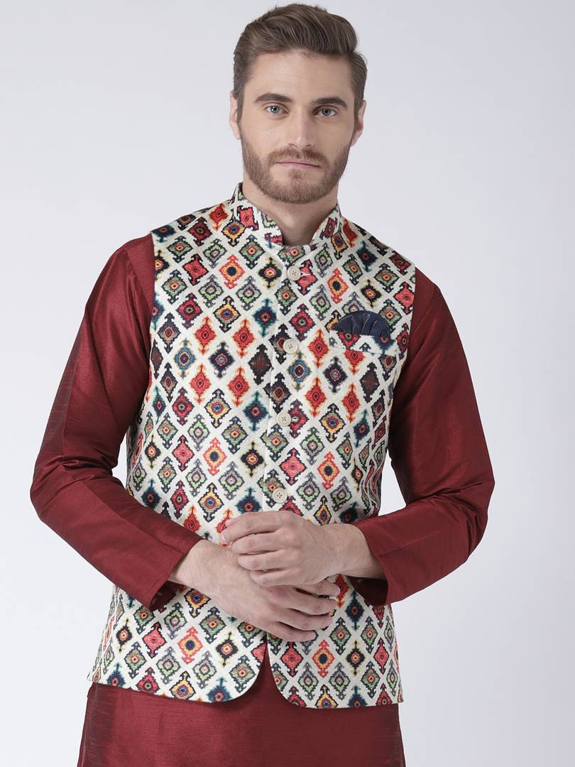 Multicoloured Blended Printed Nehru Jackets