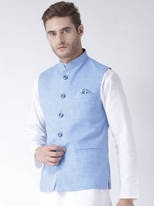 Blue Blended Solid Nehru Jackets
