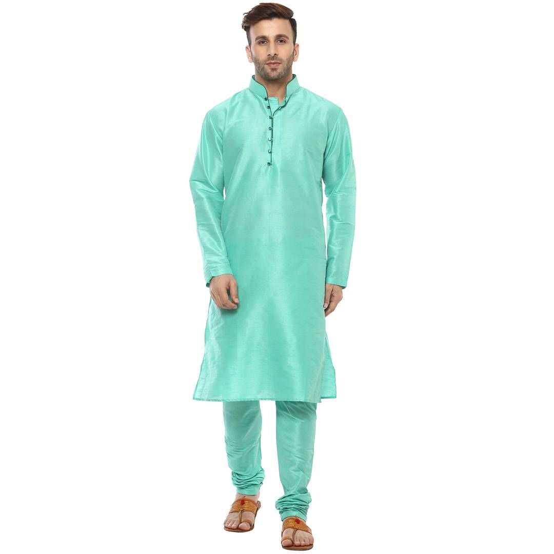 Green Silk Blend Solid Kurta Sets