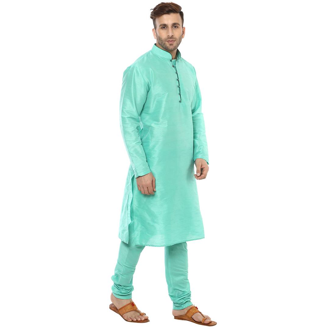 Green Silk Blend Solid Kurta Sets