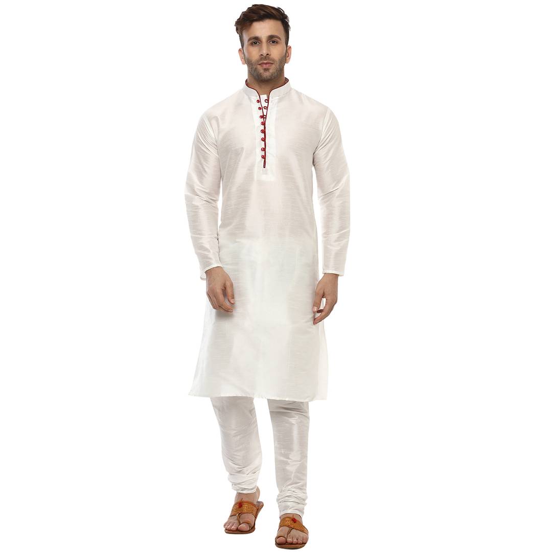 White Silk Blend Solid Kurta Sets