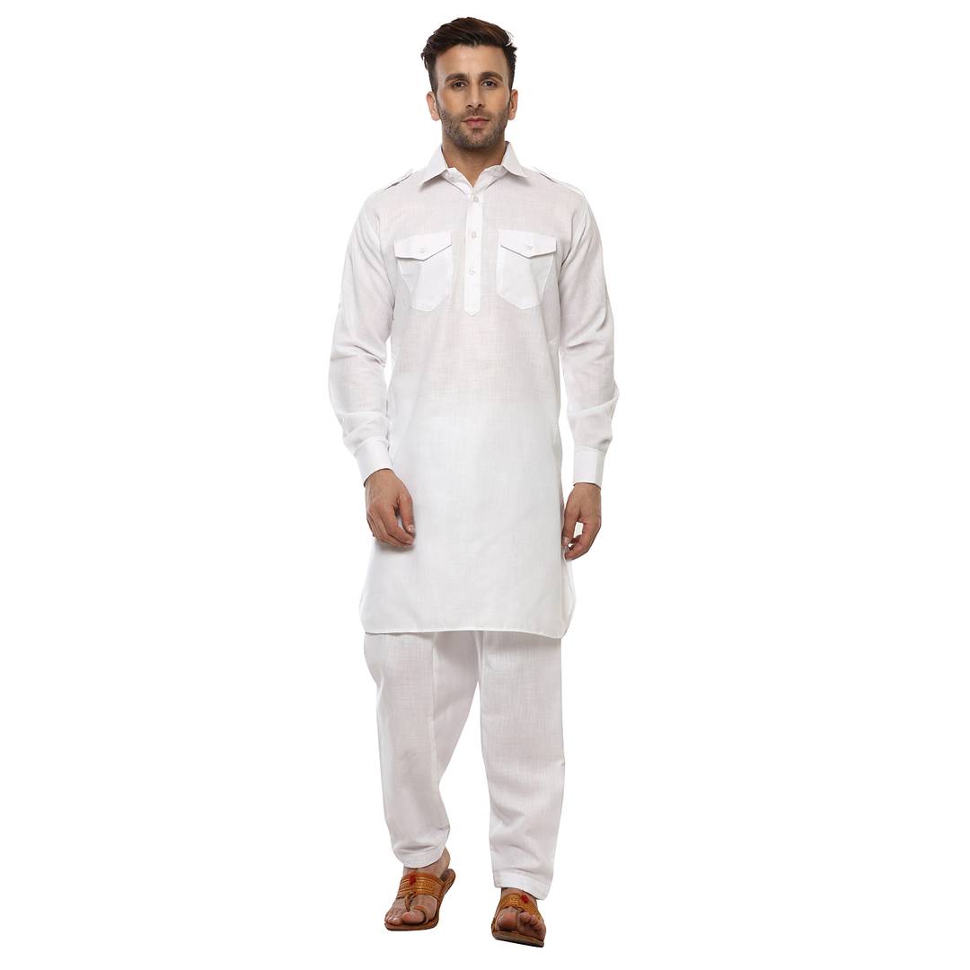 White Cotton Solid Kurta Sets