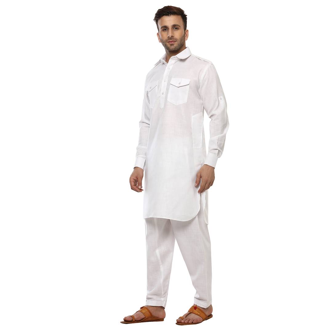 White Cotton Solid Kurta Sets
