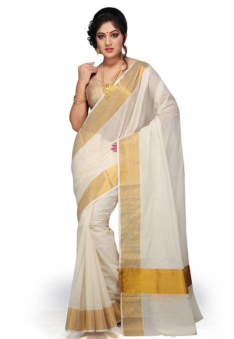 Stylish White Solid Kerala Kasavu Cotton Saree With Blouse Piece