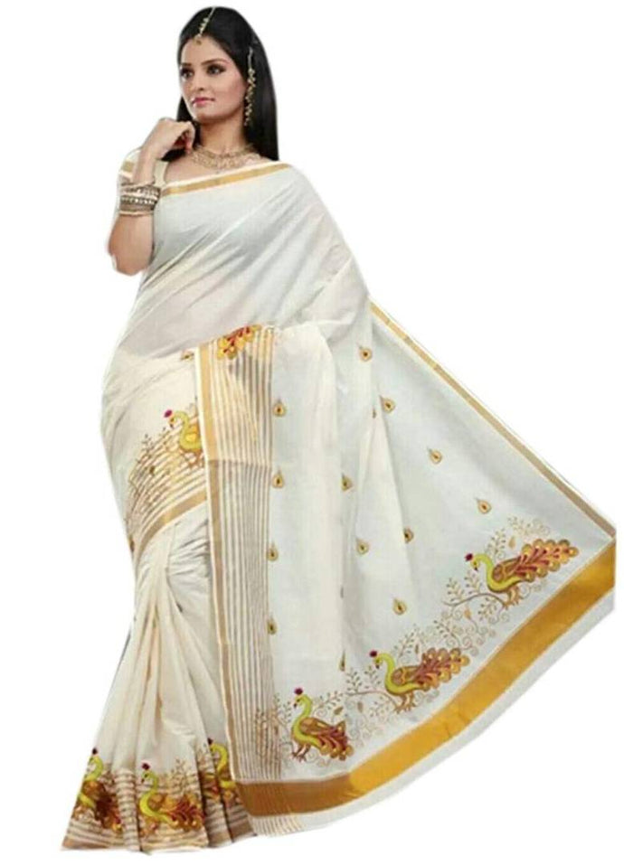 White Kerala Kasavu Cotton Saree With Blouse Piece