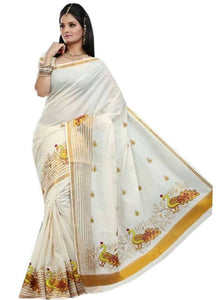 White Kerala Kasavu Cotton Saree With Blouse Piece